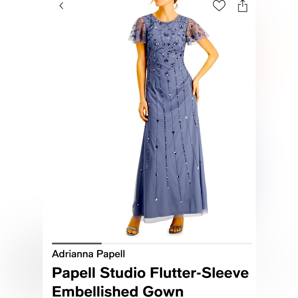 Adrianna Papell elegant flutter sleeve sequin long gown - smoky gray blue sz 10